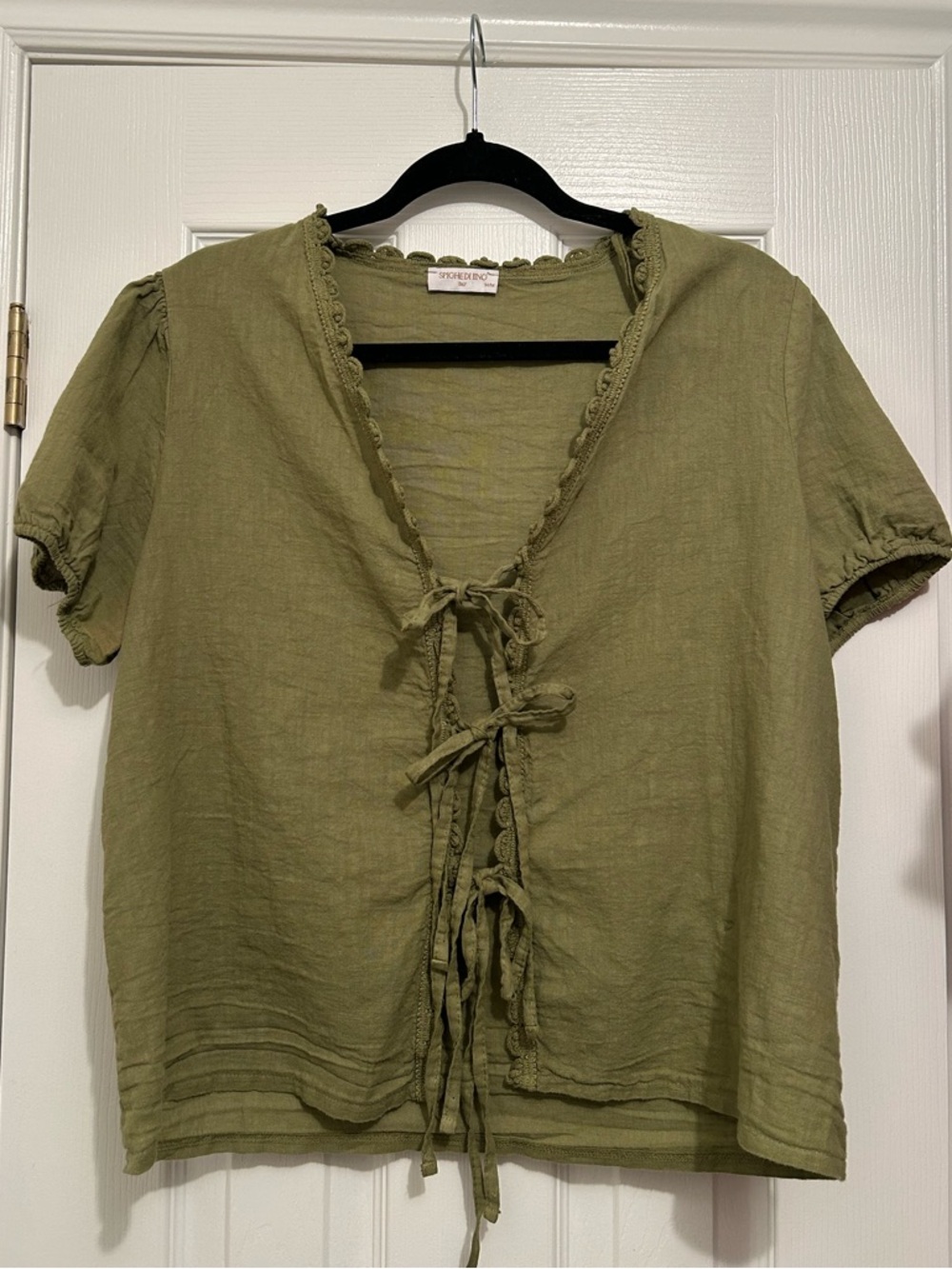 Linen Olive Tie-Front Blouse